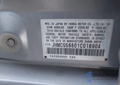 2001 Honda Accord 2.3 Ex z USA, uszkodzony, nr VIN JHMCG56601C018904